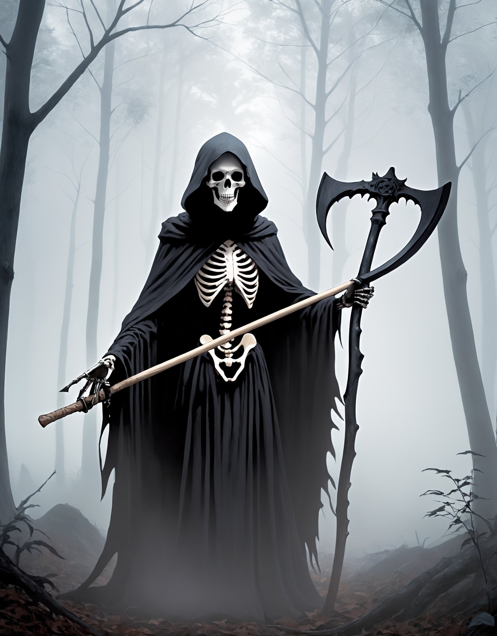 Photo of a mysterious, cloaked figure with a skeletal face standing in a misty forest, holding a scythe and surrounded by swirling black crows