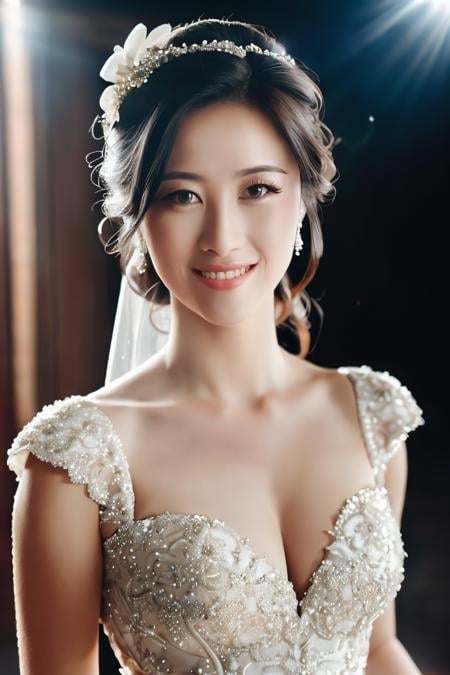 modelshoot style,(best quality, masterpiece:1.1), (realistic:1.4), elegant, (highly detailed),sharp focus, photorealistic,detailed eyes,A beautiful Miss,(High Detail ), smile,(wedding dress:1.1),(perfect light and shadow,warm light ,depth of field),Wide angle view, 