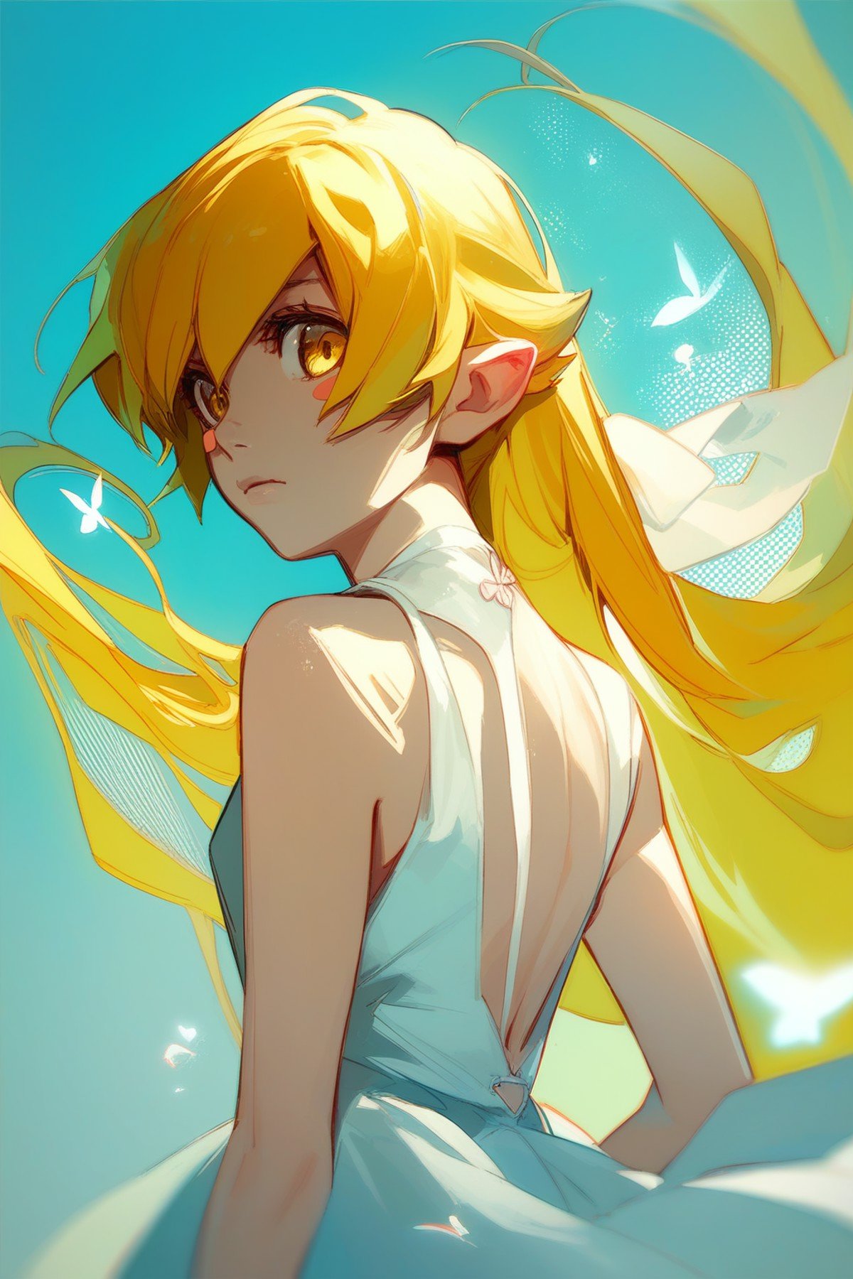 (score_9,score_8_up,score_7_up,),<lora:shinobu:0.9>,oshino shinobu,long hair,solo,blonde hair,yellow eyes,pointy ears,dress,white dress,blush stickers,bare shoulders,