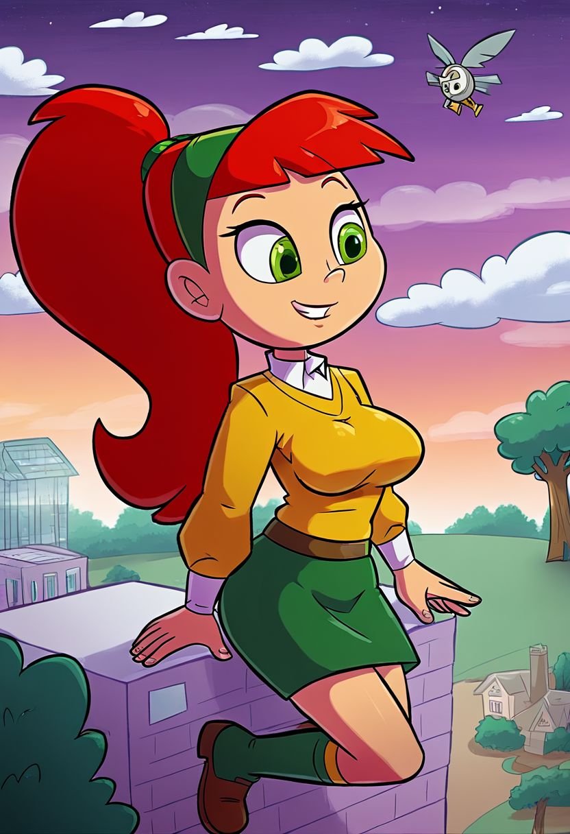 AtomicBetty, 1girl, solo, solo focus, green eyes, breast, busty, ponytail, solo, tree, green skirt, smile, red hair, green hairband, long hair, yellow sweater, white shirt, socks, cloud, building, house, tree