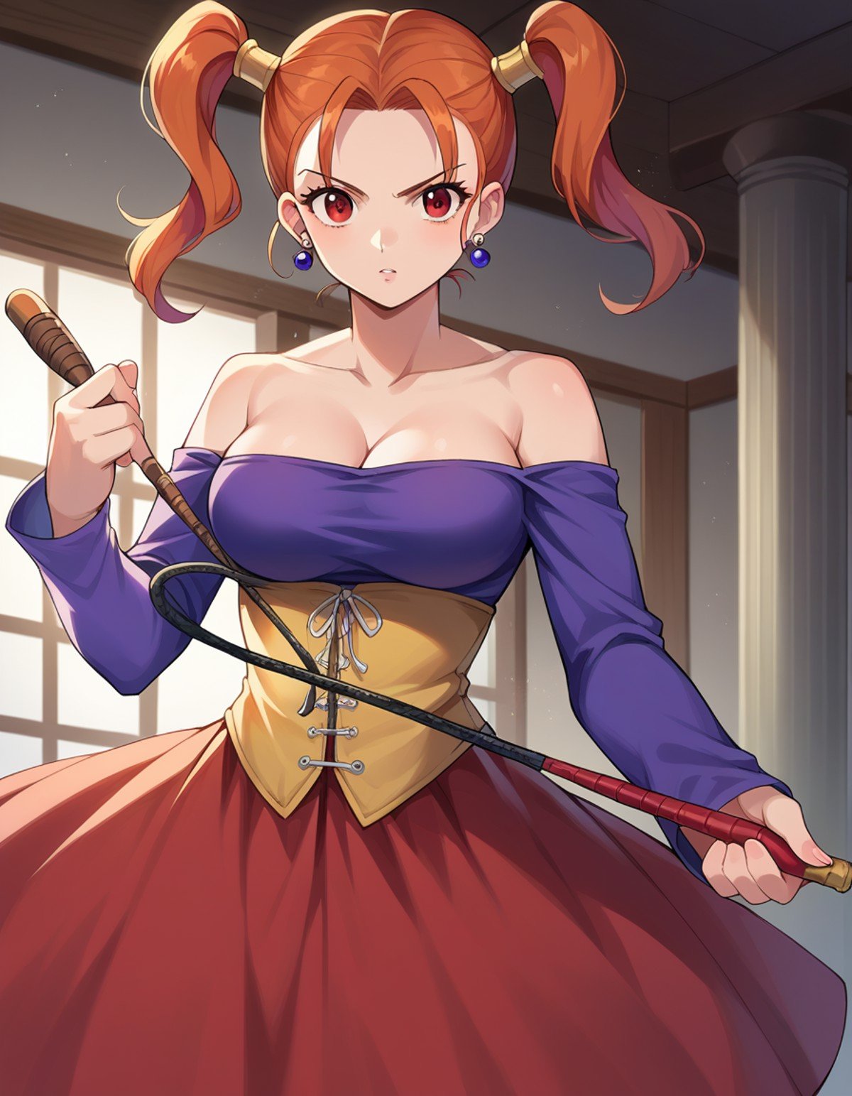 score_9, score_8_up, score_7_up, source_anime,jessicaalbert, <lora:jessica-albert-ponyxl-lora-nochekaiser:1>,jessica albert, orange hair, red eyes, twintails,bare shoulders, cleavage, dress, earrings, jewelry, off shoulder, off-shoulder dress, purple shirt, shirt, strapless, strapless dress, corset,indoors, whip, wand, fighting stance,looking at viewer, dutch angle, cowboy shot,