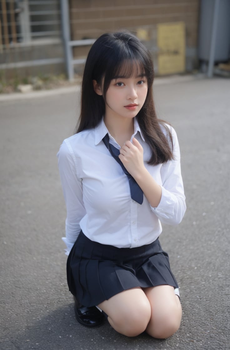 1girl,solo,black hair,necktie,skirt,kneeling,long hair,socks,looking at viewer,black footwear,realistic,school uniform,shirt,white socks,white shirt,shoes,  <lora:美女小姐姐跪着摄影:0.7>