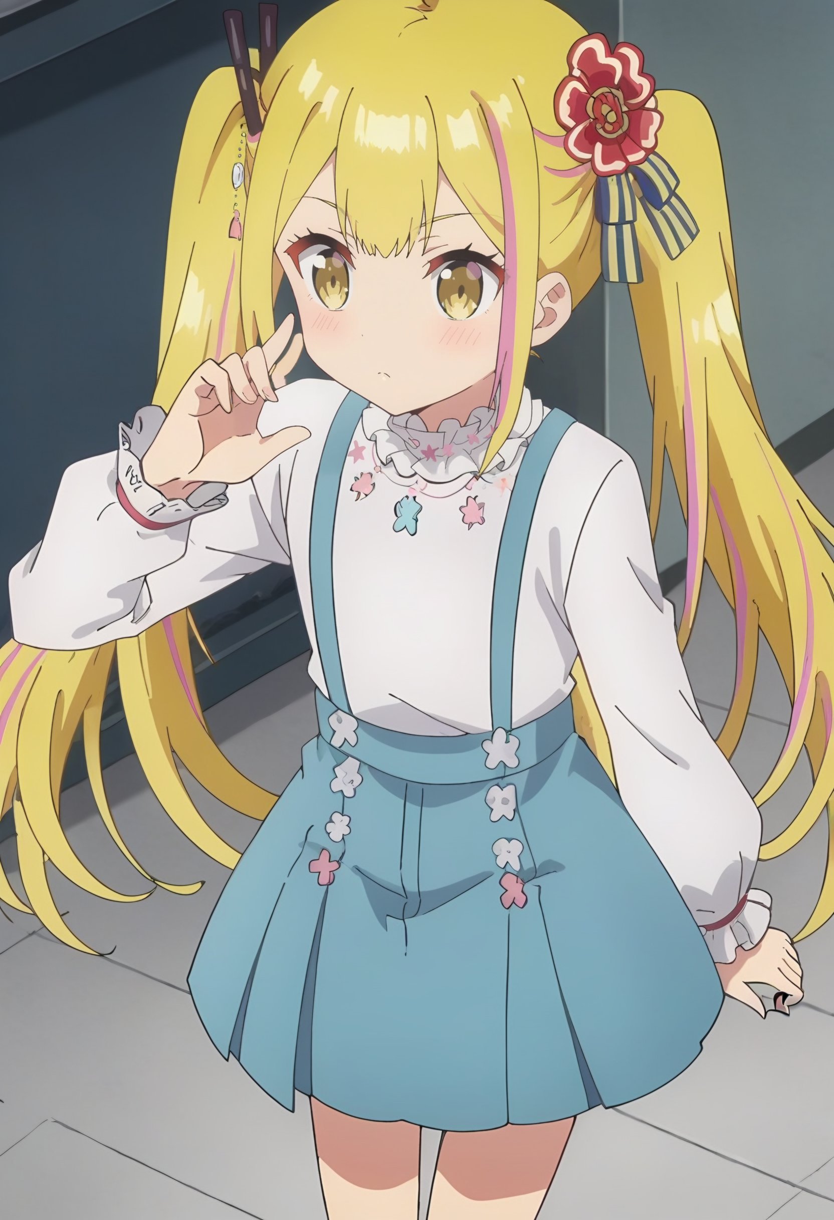 <lora:Sara de Odin:1> sara de odin, blonde_hair, long_hair, 1girl, multicolored_hair, twintails, streaked_hair, pink_hair, hair_ornament, solo, yellow_eyes, bangs,   white_shirt, frills, blue_skirt, suspenders, suspender_skirt, score_9, score_8_up, score_7_up, , anime coloring ,BREAK source_anime, anime