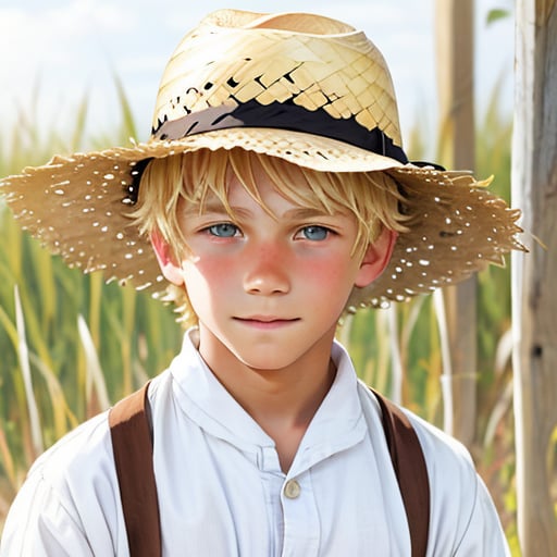 A 12-year-old Amish boy with blond messy hair wearing a straw hat and plain, simple clothing.  <lora:Amish-Children:0.85>
