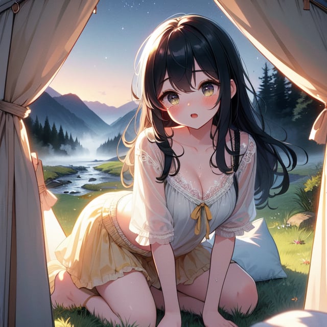 (((masterpiece))),  (((best quality))),  (((half body))),  ((camping tent)),  (((open door curtain))),  ((holding pillow)),  ((yellow frills chiffon pajamas)),  (((night))),  moon,  ((wind)),  solo,  1girl,  ((kneeling on grass)),  cleavage,  big tits,  collarbone,  ((sweat)),  ribbon,  black longhair,  open mouth,  rosy lips,  shy,  blush,  sleepy,  grass,  valley,  forest,  fog,<lora:EMS-272345-EMS:1.000000>