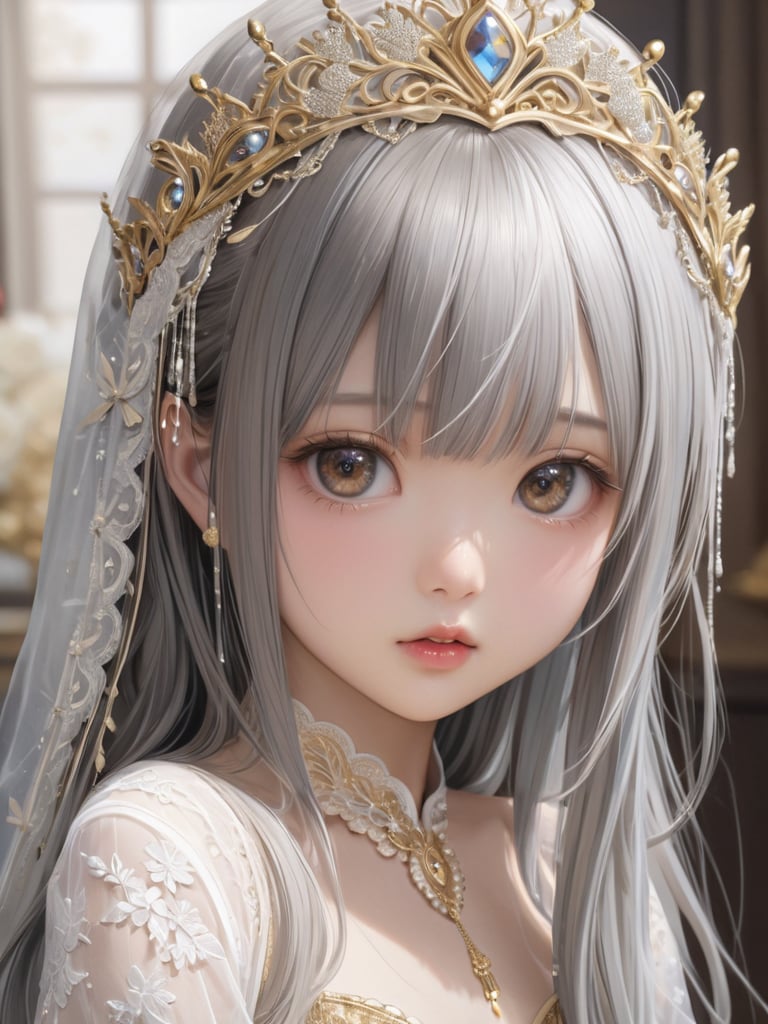 an asian girl,loli,young adult,solo,BIG EYES,Masterpiece,Best Quality,Ultra High Resolution,Beautiful,Visually Stunning,Elegant,Incredible Detail,Realistic,Bangs,((((melt)))),((((gold and silver lace)))),(((gold and silver lace lace))),extremely detailed gorgeous tiara,