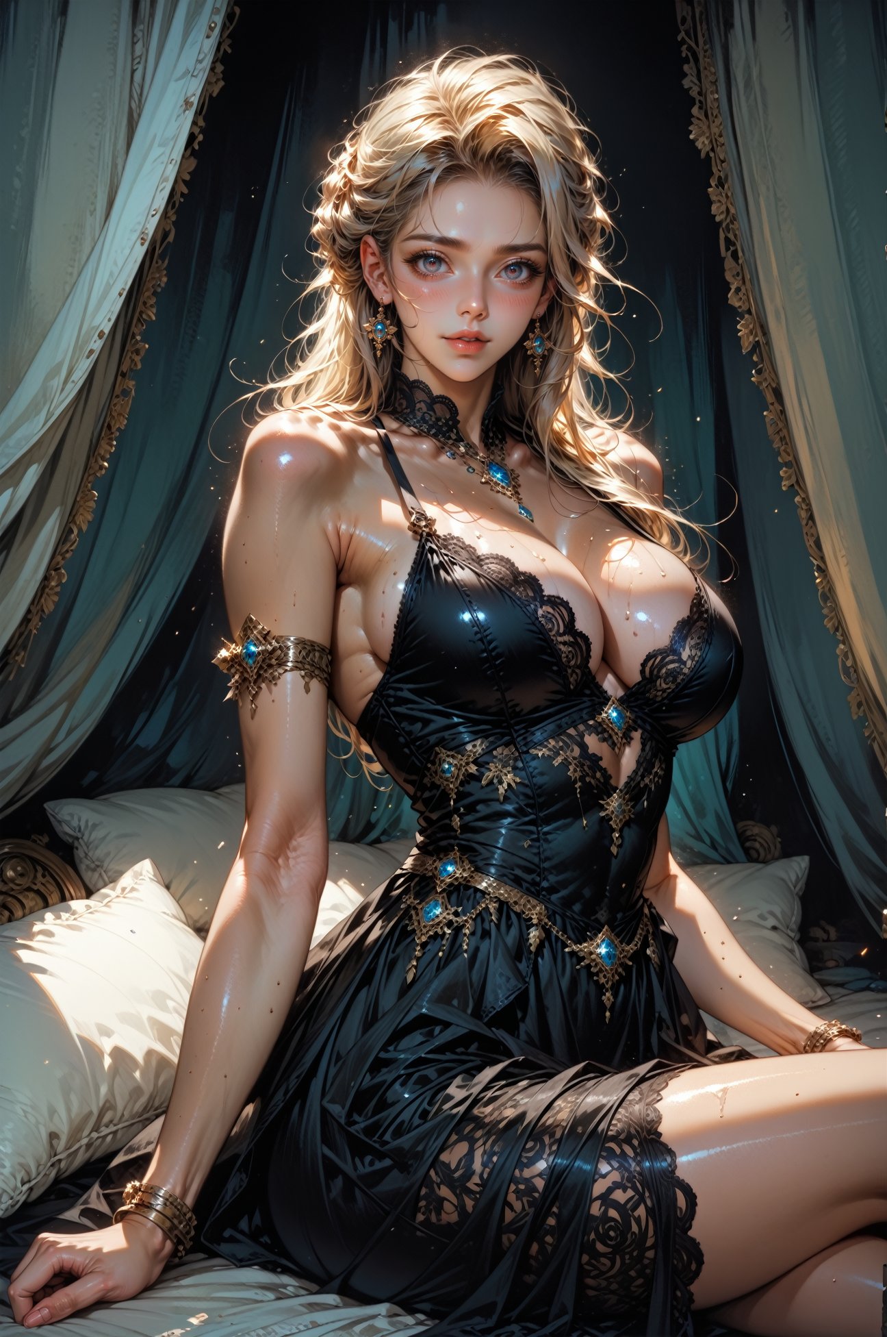 score_9, score_8_up, score_7_up, score_6_up, score_5_up, score_4_up,  1girl, blonde hair, princess, shiny skin, cleavage, wet skin, huge breasts, in a tent, fabrics, pillows, dutch angle, moody lighting, suggestive pose, professional lighting, fantasy, perfect quality, high quality, photorealistic, dynamic pose, sitting on a pillow (black lace dress), long dress, LAstargalaxydress, <lora:LAstargalaxydressXL:0.9>, BREAK, highly detailed, gem earrings,<lora:hand 4:0.3>  , <lora:Fant5yP0ny:0.6> 