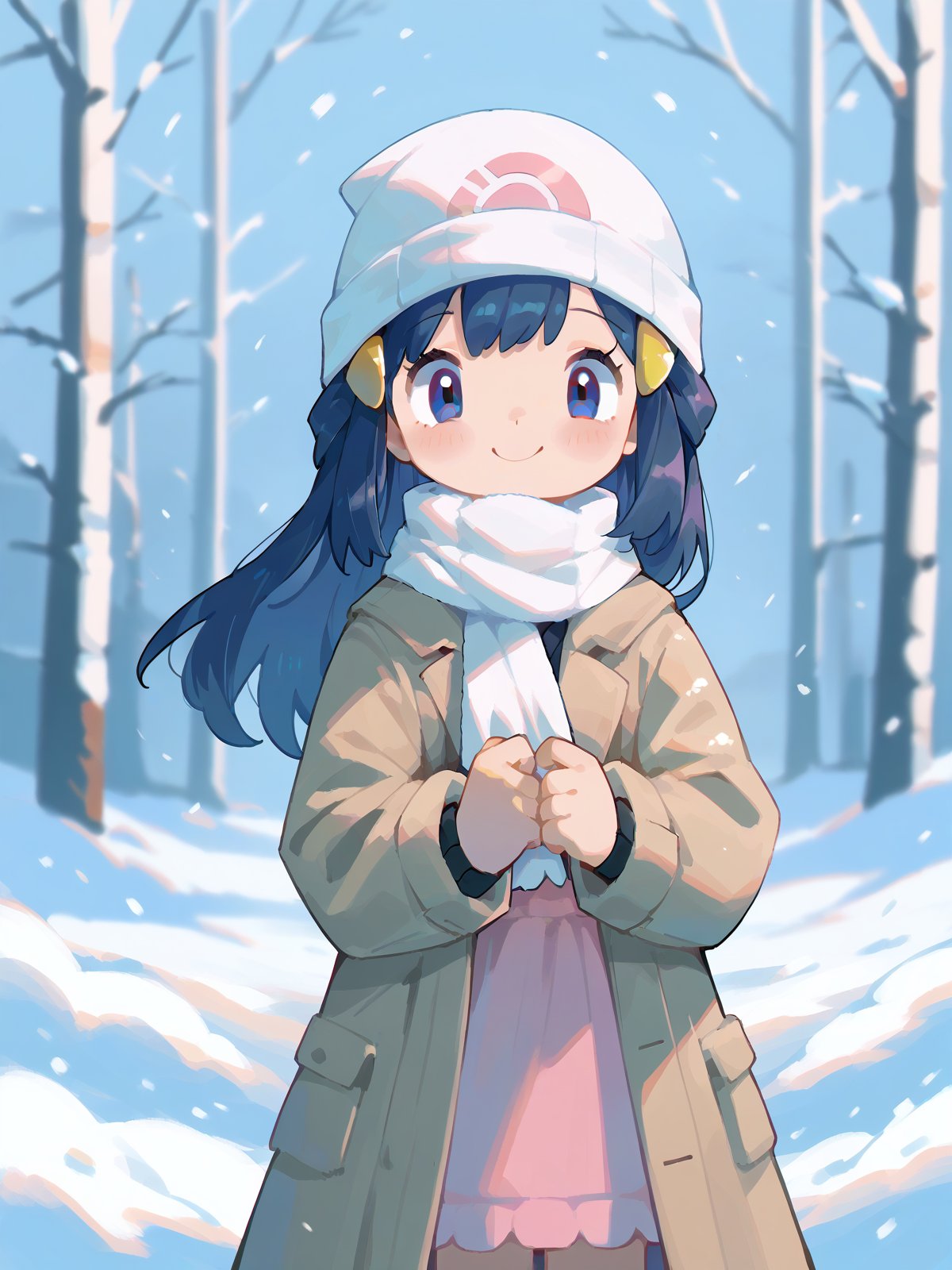 score_9, score_8_up, score_7_up, score_6_up, score_5_up, score_4_up, source_anime, rating_safe, embedding:zPDXL2, 1girl, solo, dawn_(pokemon), beanie, trench coat, white scarf, smile, snow, blurry background, blur,