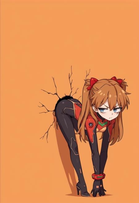 1girl, souryuu_asuka_langley, crossed arms, tsundere, through wall, simple background, orange background, from side, bodysuit, bent over <lora:rabbit_hole:1>, score_9, score_8_up, score_7_up, score_6_up, score_5_up, score_4_up, BREAK source_anime, masterpiece