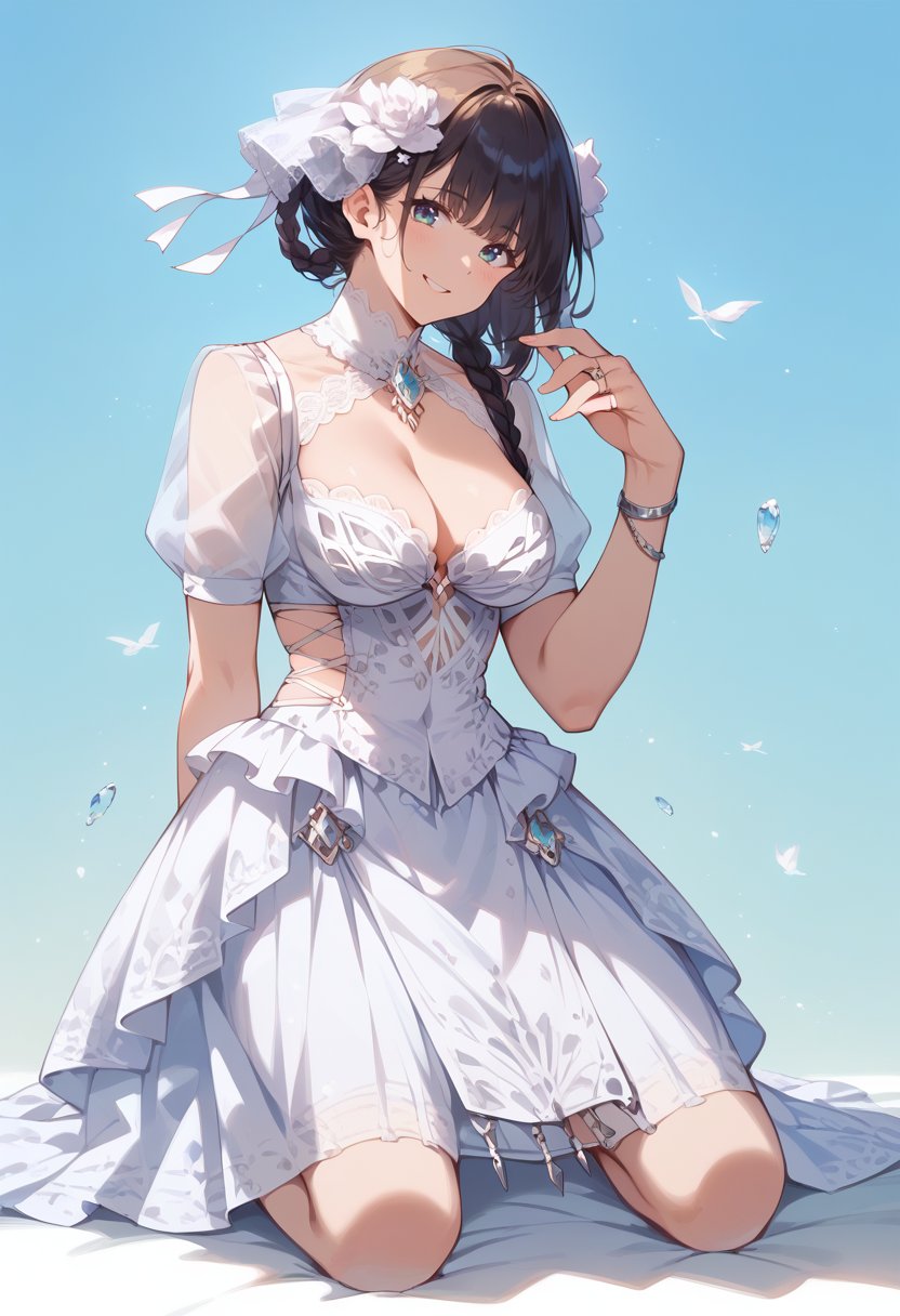 score_9, score_8_up, score_7_up, best quality, masterpiece, source_anime, zPDXL2, BREAK , 1girl, solo, white  dress, cleavage, hair flower, see-through, jewel-diamond outfits, Kneeling and pretending to propose with an oversized ring ,    elizabeth_\(persona\),  <lora:jewel_diamond_doaxvv2:1>