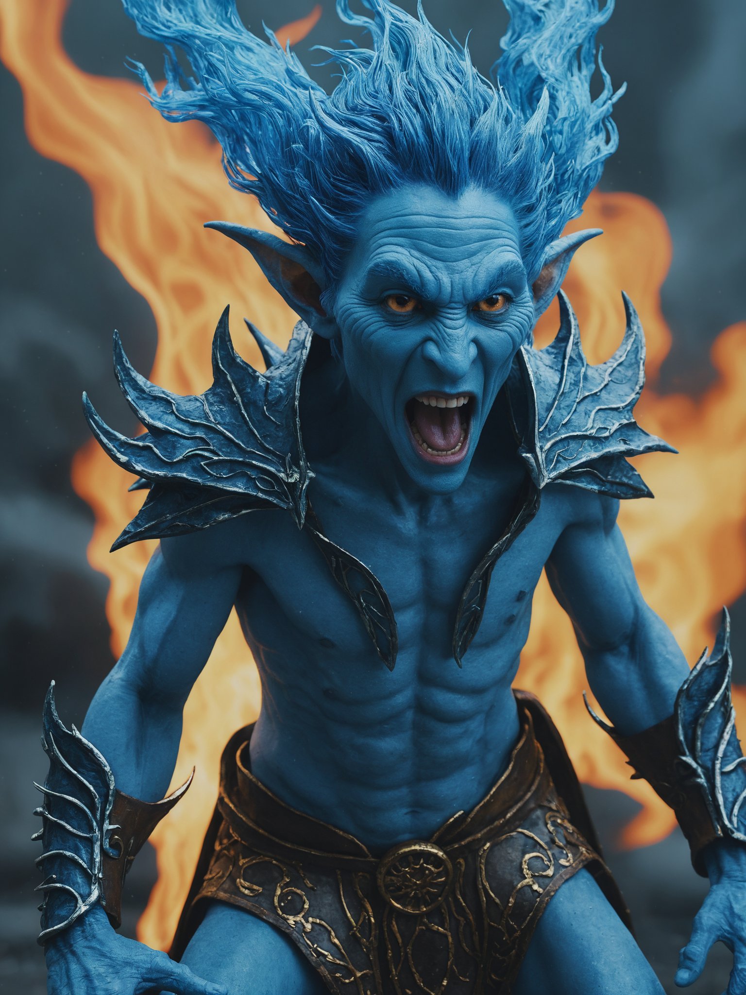 masterpiece,best quality,greg rutkowski,blue Epoch Elves are very angy,open mouth,sharp ears,dancing on fire,blue smoke,very detailed,high resolution,sharp,sharp image,4k,8k,