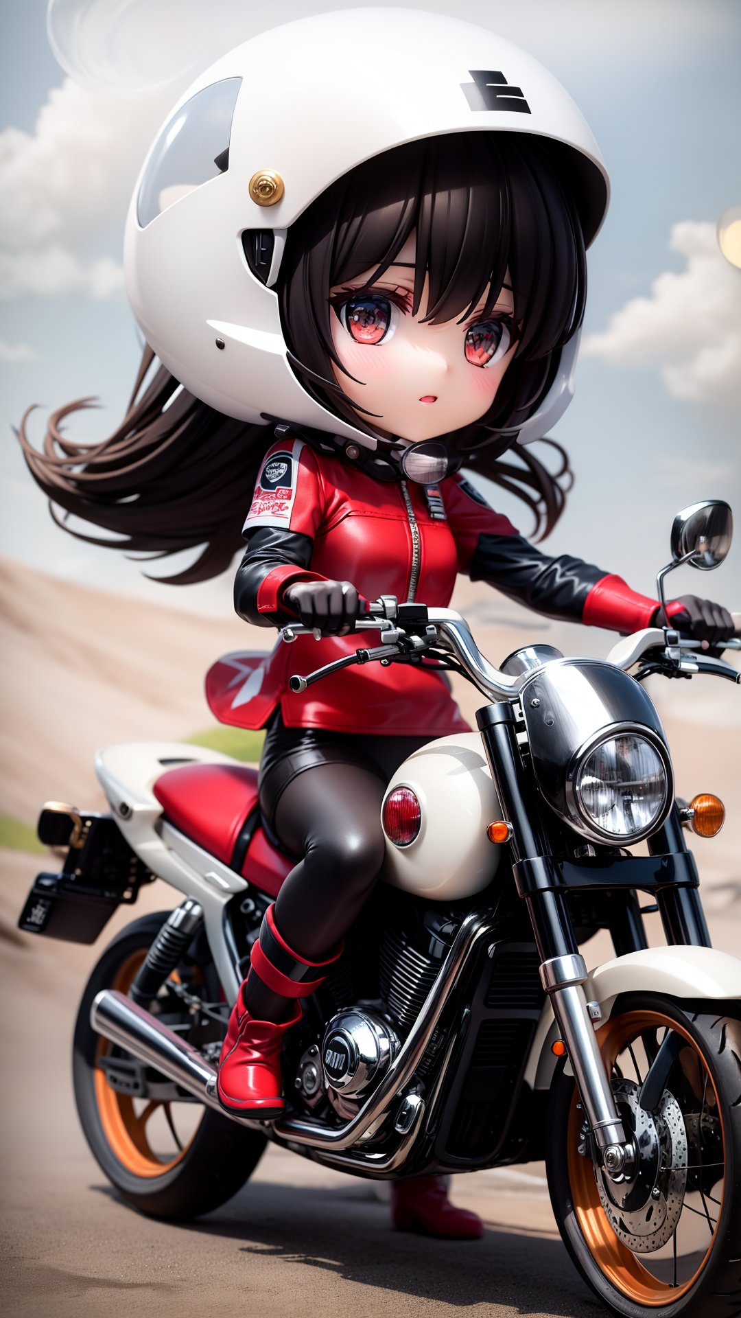 ground_vehicle,motor_vehicle,motorcycle,helmet,1girl,long_hair,brown_eyes,riding,black_hair,solo,on_motorcycle,gloves,short_sleeves,fingerless_gloves,motorcycle_helmet,