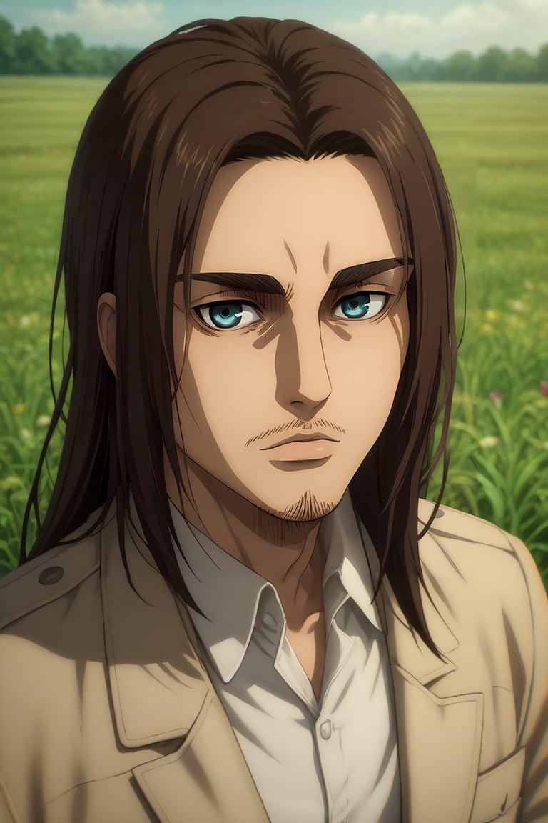 score_9, score_8_up, score_7_up, source_anime, rating_safe, intricate details, (photorealistic:0.6), looking at viewer, , 1boy, solo, male focus, <lora:eren_yeager_s4_pony:0.92>, eren_yeager_s4, brown hair, blue eyes, long hair, facial hair, stubble, asymmetrical, field, day, sunny, hands on hips, distracted, aloof, oblivious, businessman costume, <lora:sdxl_lightning_8step_lora:1>