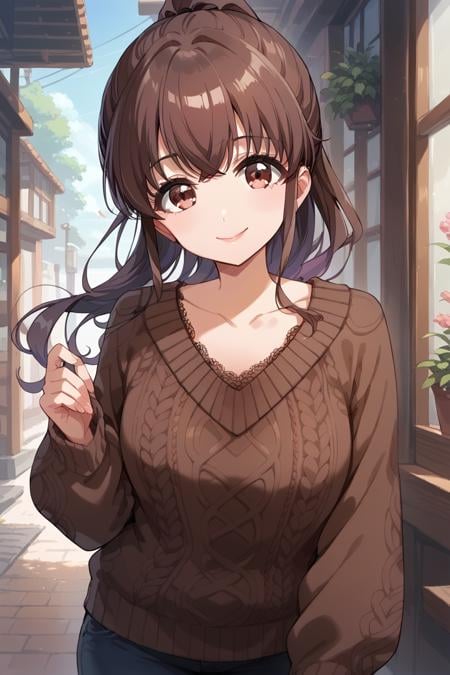 score_9, score_8_up, score_7_up, score_6_up, 1girl, <lora:Amano_Airi:0.9> amano, solo, pants, brown hair, sweater, looking at viewer, brown sweater, smile, ponytail, long hair, denim, brown eyes, collarbone,