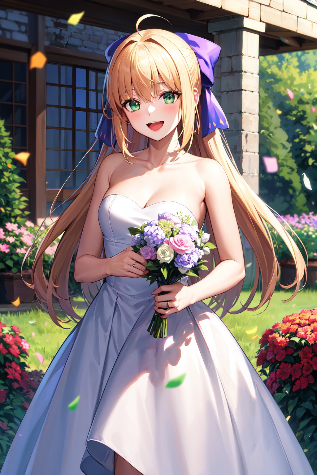 masterpiece, best quality, highres, bbcaster, long hair, ahoge, hair bow, green eyes, <lora:artoria_caster_(caster)_v1:0.7>, wedding dress, white dress, strapless, garden, smile, open mouth, confetti, holding bouquet, standing, cowboy shot, 