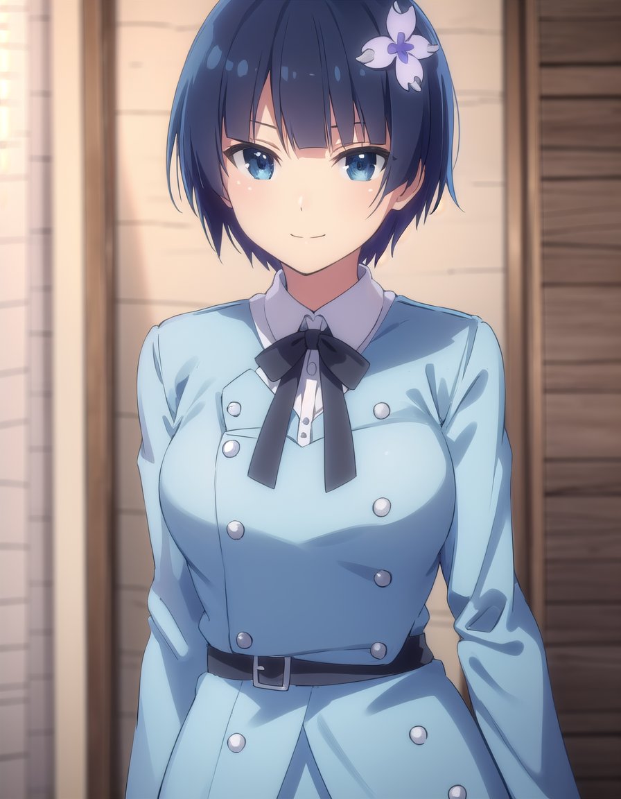 skyozakura, <lora:sk yozakura s1-lora-nochekaiser:1>,yozakura, short hair, blue eyes, hair ornament, blue hair, hair flower,BREAK shirt, long sleeves, ribbon, school uniform, jacket, white shirt, black ribbon, neck ribbon, buttons, grey jacket,BREAK indoors, classroom,BREAK looking at viewer, (cowboy shot:1.5), smile,BREAK <lyco:GoodHands-beta2:1>, (masterpiece:1.2), best quality, high resolution, unity 8k wallpaper, (illustration:0.8), (beautiful detailed eyes:1.6), extremely detailed face, perfect lighting, extremely detailed CG, (perfect hands, perfect anatomy),