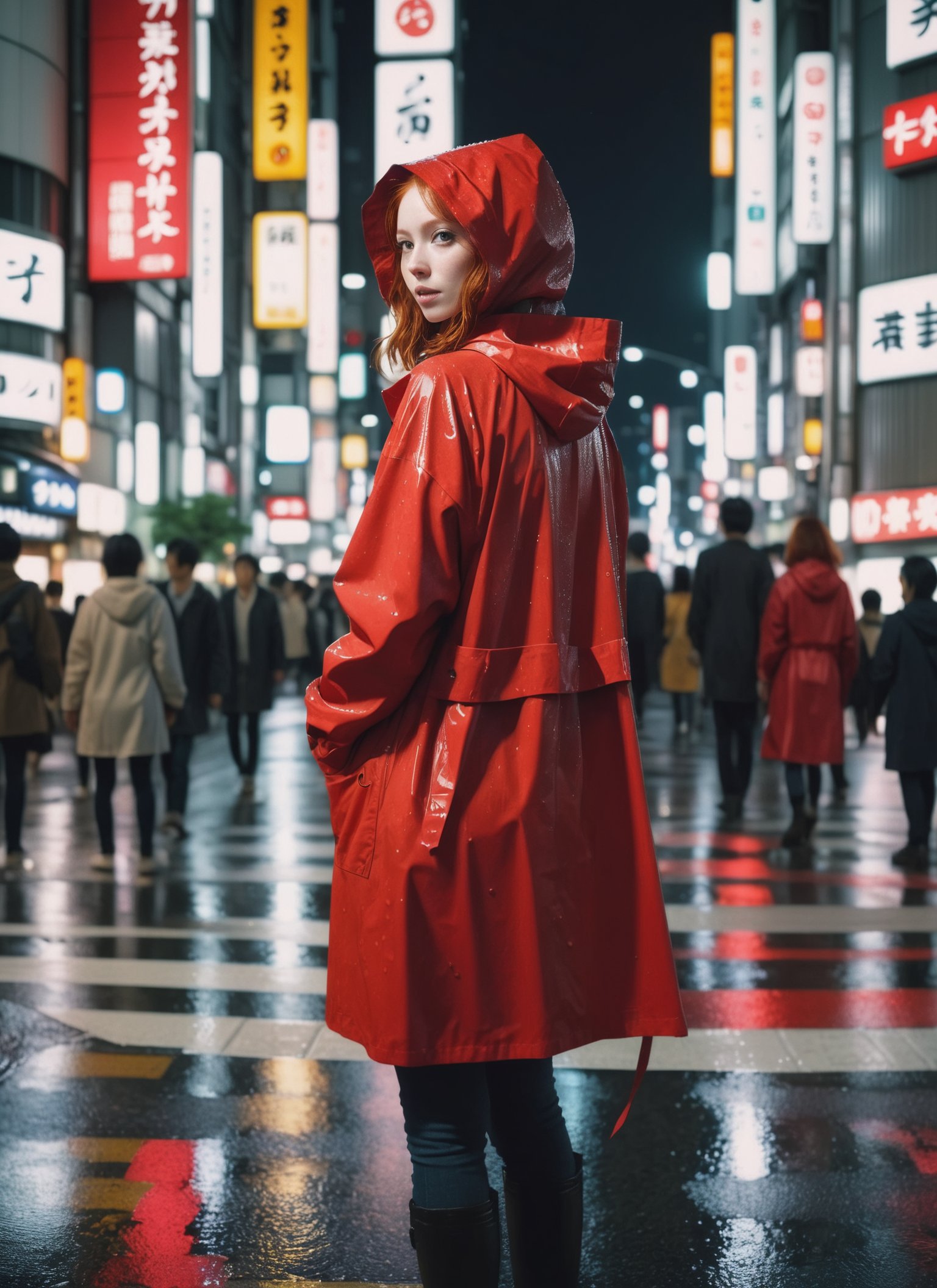 8k photo portrait of a redhead woman in a red raincoat, at a bustling crosswalk in shibuya at night, highly detailed, vibrant, production cinematic, reflections on wet street, 8k, film grain