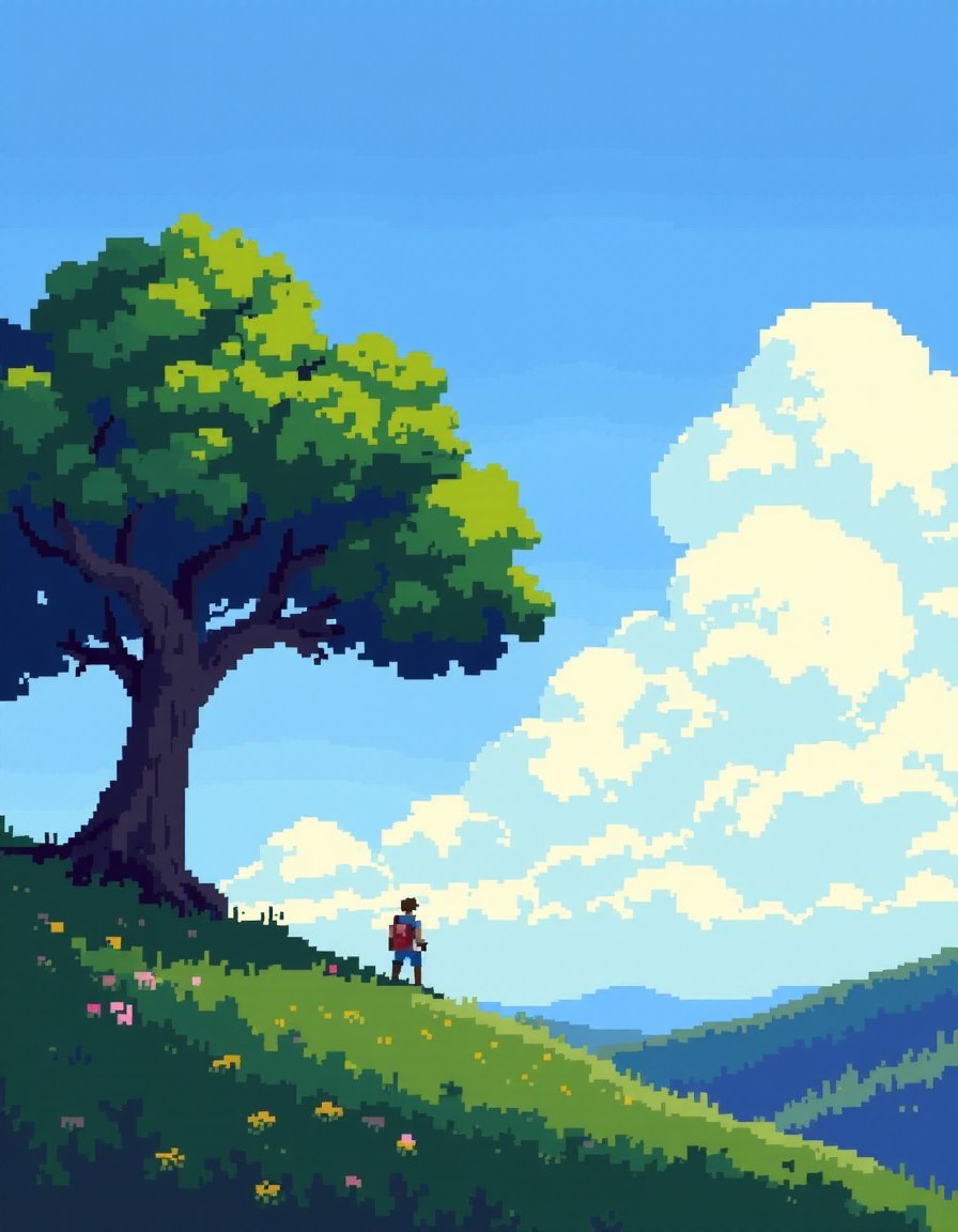 <lora:NeoPixelArt_V2:1>pixelart, outdoors, no humans, grass, tree, sky, cloud, scenery, day, window, blue sky, building, nature, cloudy sky