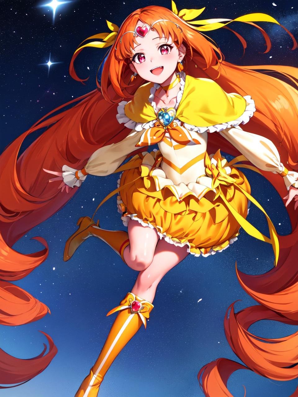 masterpiece, best quality, looking_at_viewer, depth_of_field, full body, flying, 1girl, <lora:locon_cure_muse_01_release:0.9>, cure muse, orange hair, hair ribbon, yellow choker, jewelry, brooch, capelet, tiara, boots,smile, standing, gradient background, 