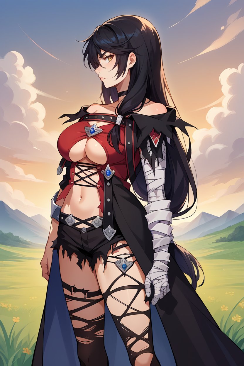 score_9, score_8_up, score_7_up, score_6_up, source_anime BREAK 1girl, solo <lora:velvetcrowe-pdxl-nvwls-v1-000005:1> velvetcrowe, black hair, low-tied long hair, black choker, black cloak, cross-laced shirt, underboob, harness, navel, torn clothes, black shorts, torn shorts, single gauntlet, bandaged arm, black thighhighs, profile, serious, looking at you, field, sunset, mountains, large breasts