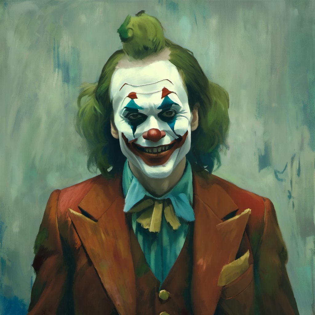 <lora:loneliness_xl_v2:0.8>,The image showcases a close-up portrait of a man with a clown makeup. He has white face paint with red and blue accents, especially around his eyes and mouth. His hair is long and wavy, and he is wearing a red suit. The background is a muted, textured gray, which contrasts with the vibrant colors of his makeup., man, clown makeup, white face paint, red and blue accents, hair, suit, muted, textured gray, vibrant color