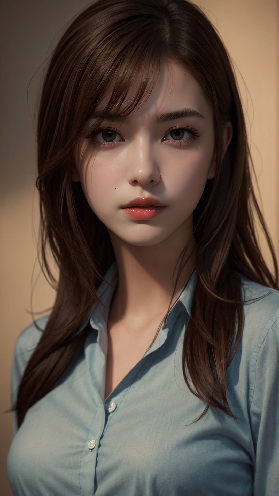 photorealistic, masterpiece, best quality, raw photo, 1girl, medium breasts, long hair, brown hair, collared shirt, looking at viewer, dynamic lighting, in the dark, deep shadow, low key, intricate detail, detailed skin, pore, highres, hdr