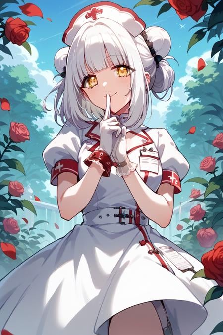 score_9, score_8_up, score_7_up, score_6_up, 1girl, <lora:Elsie:0.9> elsie, bangs, hair bun, gloves, white hair, yellow eyes, white gloves, dress, flower, looking at viewer, nurse cap, outdoors, finger to mouth, rose, smile, nurse