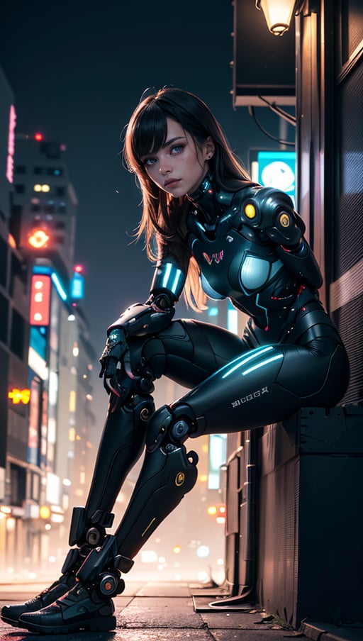 (best quality, masterpiece, colorful, dynamic angle, highest detailed)upper body photo, full body photo, fashion photography of cute 1girl, mechanical arms, cyborg, dark mood, dystopia, glowing, looking at viewer, sitting, long hair, bokeh (intricate details, hyperdetailed:1.15), detailed, moonlight passing through hair, (official cyberpunk art, extreme detailed, highest detailed), HDR+