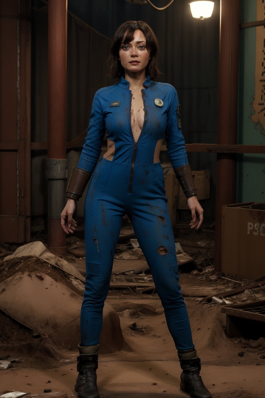 brunette, medium hair, dark undereyes, dark undereyes, cute, perfect face, beautiful, high quality, brown eyes, perfect eyes, bangs, fallout, blue jumpsuit, dark eyes, brown irises, wasteland, post apocolypse, cute,SD 1.5 ,REALISTIC,photorealistic, eye bags, lucy maclean fallout,base model, full-body_portrait,long hair, messy, dirty, filthy<lora:EMS-377773-EMS:0.800000>, <lora:EMS-346245-EMS:0.200000>