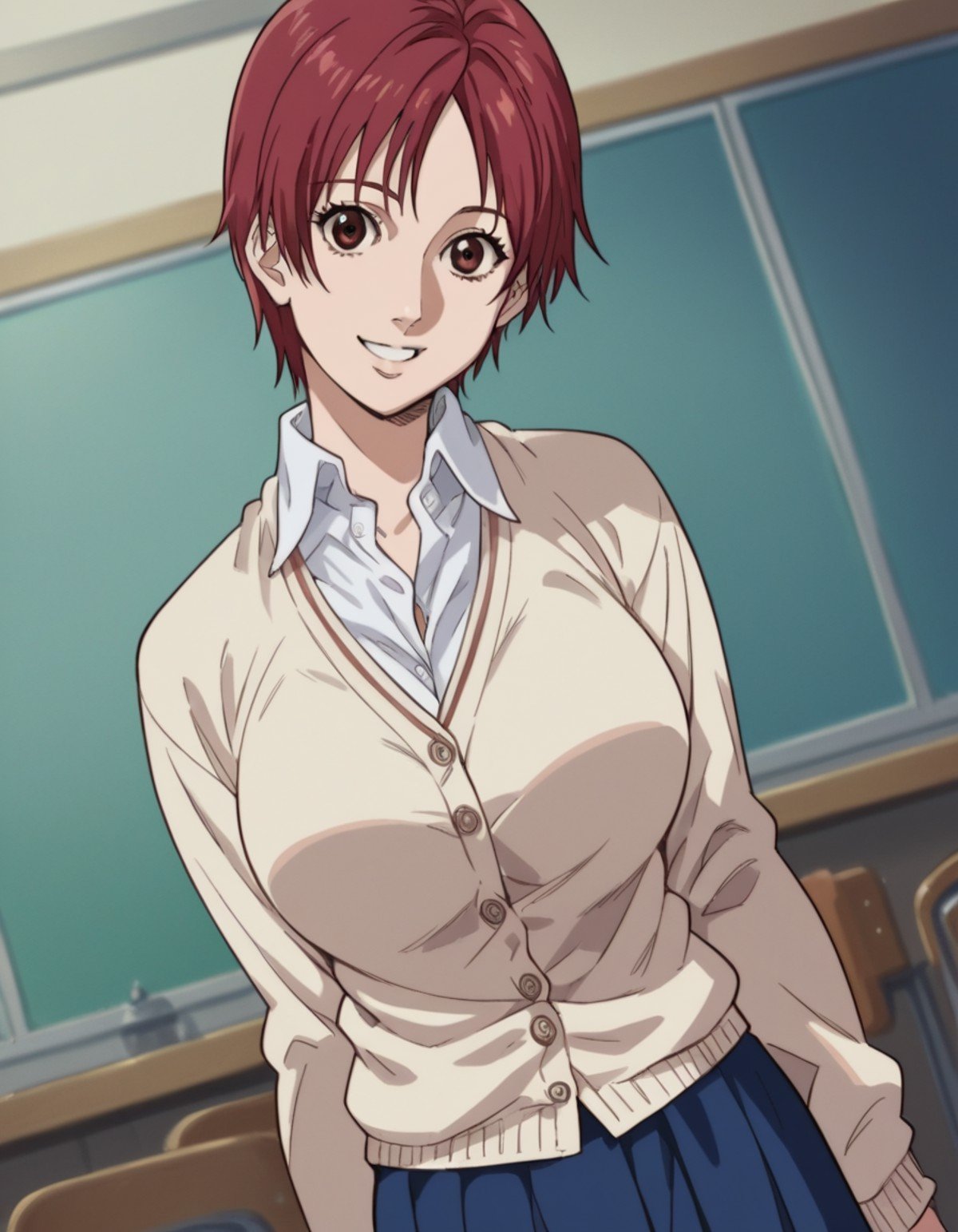 score_9, score_8_up, score_7_up, source_anime, <lora:kei-kishimoto-anime-ponyxl-lora-nochekaiser:1>, kei kishimoto, short hair, brown eyes, red hair, large breasts,, skirt, school uniform, cardigan, blue skirt, shirt, white shirt, collared shirt,, indoors, smile, looking at viewer, solo,, cowboy shot, dutch angle