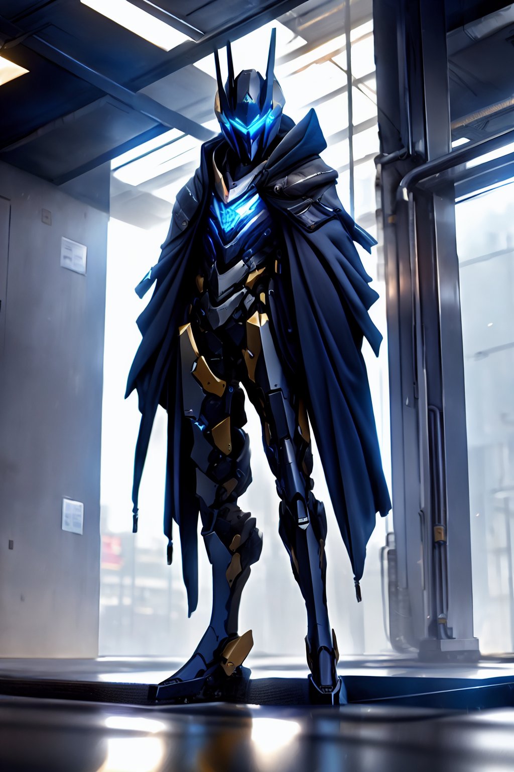 solo,cloak,lispict,reflection,glowing blue eyes,helmet,white mecha,full_body,metal,cyberpunk,sci-fi,, masterpiece, best quality,