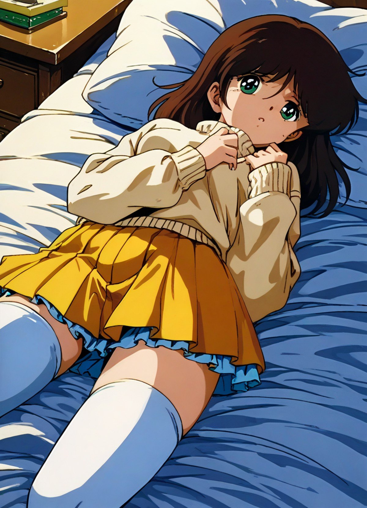 score_9, score_8_up, score_7_up, masterpiece, best quality, very aesthetic, absurdres, official art, official style, anime screencap, megami magazine, zPDXL2, zPDXLxxx, rating_safe, sfw, 1980s \(style\), retro artstyle <lora:Cream Lemon Nonomura Ami Pony v1_epoch_10:1.0>, 1girl, solo focus, cream_ami, (medium breasts:1.2), green eyes, BREAK, brown hair, bangs, BREAK, sweater, (blue sweater:0.5), BREAK, yellow skirt, pleated skirt, BREAK, white legwear, BREAK, 4fingers, 1thumb, <lora:neg4all_bdsqlsz_xl_V91:1.0> <lora:ALTXL_pony_0061_8:2.0>, <lora:Difference_SaturationEbaraPonyCoolTemperatureV2_1e04:1.0>, bedroom, on bed, bed sheet, pillow, disappear, raised eyebrows, pouty lips, (tears:0.7), dim lighting, (from side:1.2),