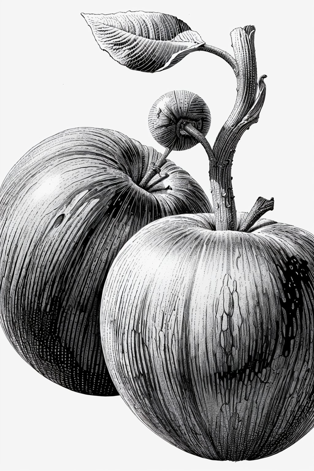 Needle drawing,close-up,an apple,leaf,greyscale,monochrome,solo,white background,simple background,masterpiece,best,<lora:LB_Needle_v1.0:0.8>,