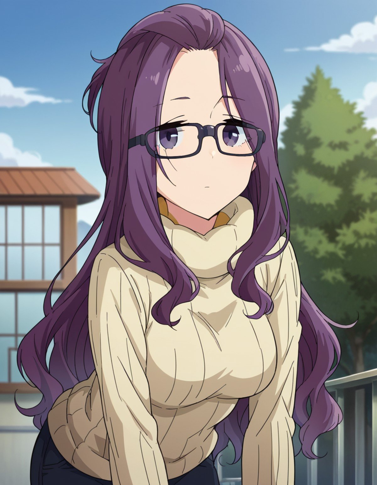 score_9, score_8_up, score_7_up, source_anime,sakurakagamihara, <lora:sakura-kagamihara-s1s2-ponyxl-lora-nochekaiser:1>,sakura kagamihara, long hair, purple eyes, purple hair, glasses, black-framed eyewear, bangs pinned back,long sleeves, sweater, turtleneck, ribbed sweater, turtleneck sweater, pants, denims,outdoors, nature, bent over,looking at viewer, dutch angle, cowboy shot,