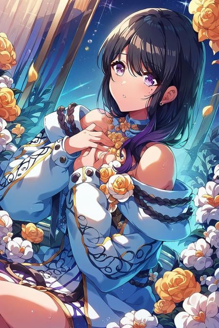 score_9, score_8_up, score_7_up, score_6_up,<lora:Takao_Toka:0.9> takao, 1girl, solo, mole, black hair, mole under eye, purple eyes, long hair, off shoulder, long sleeves, hand on own chest, flower, multicolored hair, bangs, stage outfit, color lights, club stage