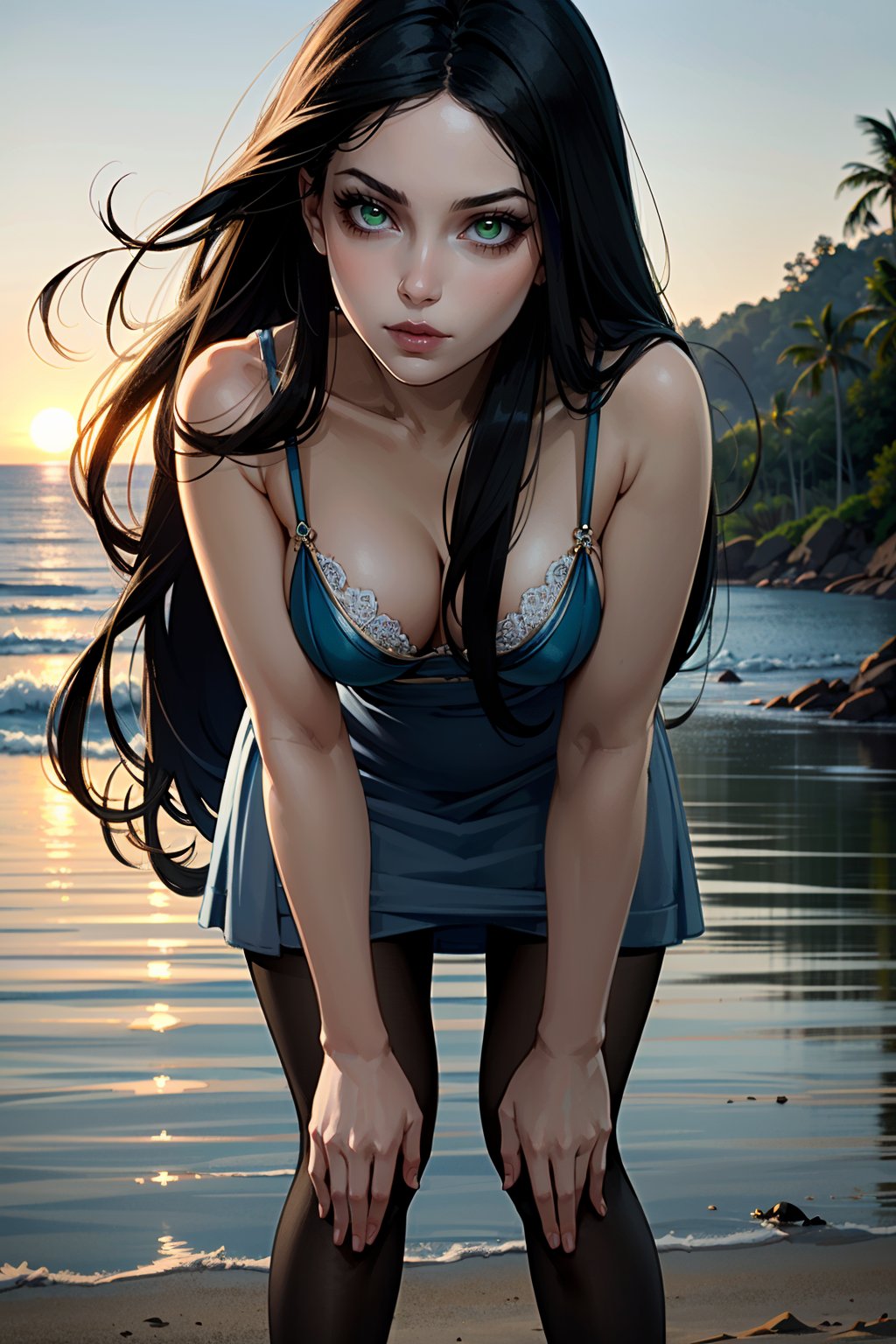 ((ultra detailed, masterpiece, best quality))<lora:AliceMadness:0.8>AliceMadness, 1girl, solo, long hair, black hair, green eyes, dress, pantyhose, bikini, leaning forward with hands on knees, beach, sunrise