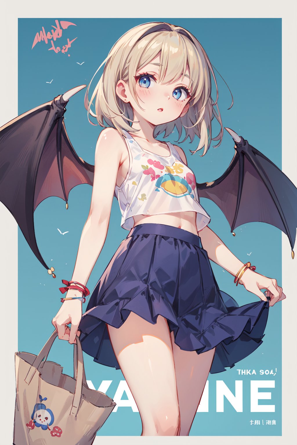 (portrait:1.3),(from_below:1.2),(depth of field:1.1),1girl,looking at viewer,layered lob hair,lightsalmon hair,teardrop,makeup,lipstick,purple hairband,bat wings,Cropped tank top, midi skirt, strappy sandals, woven tote, dainty bracelet,tan background,(english text:1.1),(border:1.7),beautiful face,beautiful eyes,glossy skin,best quality,masterpiece,ultra-detailed,illustration,absurdres,<lora:增强减少细节add_detail:0.3>,