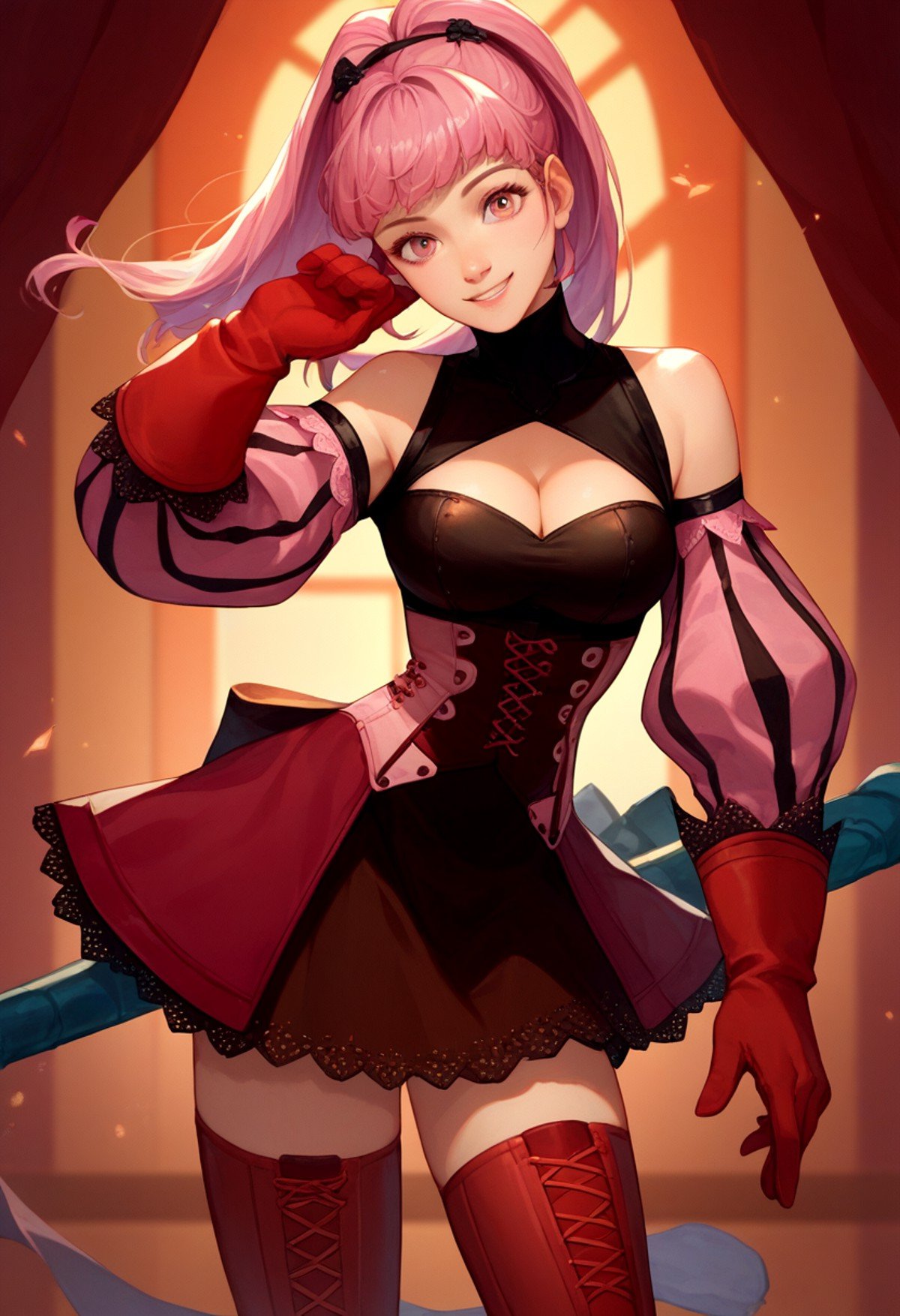 score_9, score_8_up, score_7_up, solo, 1girl, hildatimeskip, smile, looking at viewer, standing, ponytail, pink dress, cleavage cutout, red corset, detached sleeves, red gloves, thighhighs <lora:fireemblem_goneril_ponyXL:1>