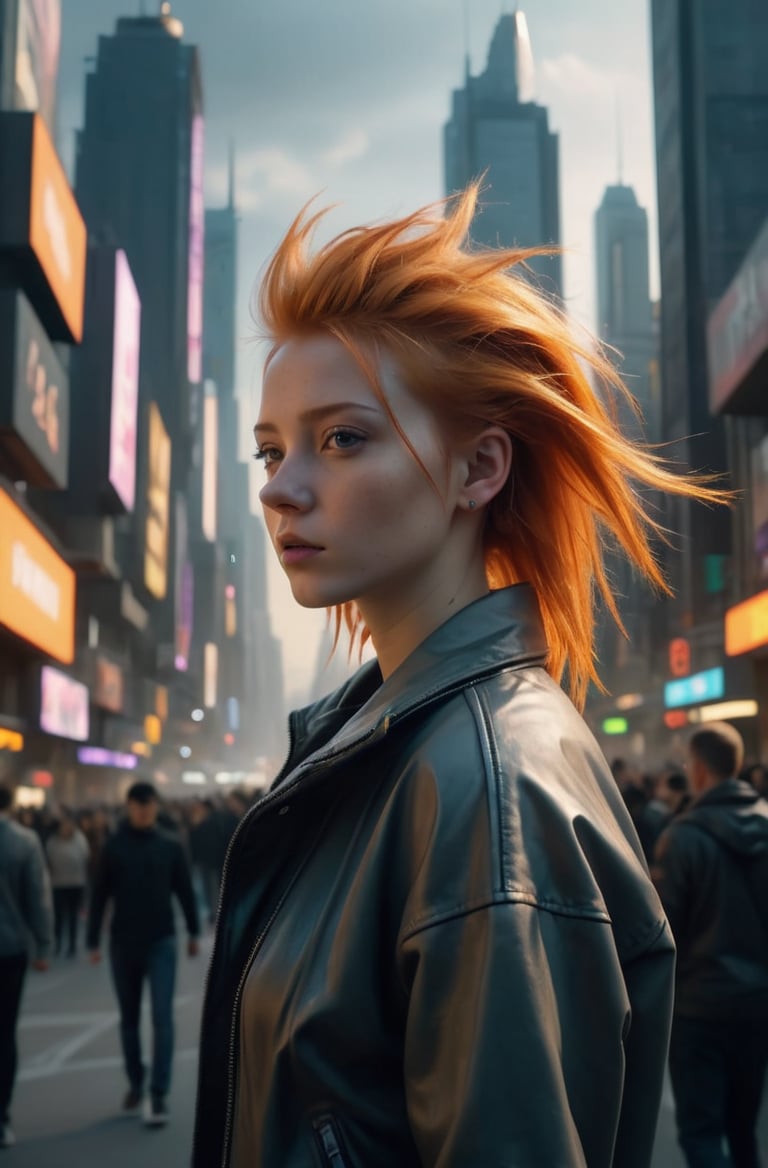 masterpiece of photorealism, photorealistic highly detailed 8k photography, best hyperrealistic quality, volumetric lighting and shadows, spiky hair orange hair young woman in casual clothes, Futuristic Cyberpunk Cityscapes full of busy people, Aerial Hyperlapse of a Changing Landscape