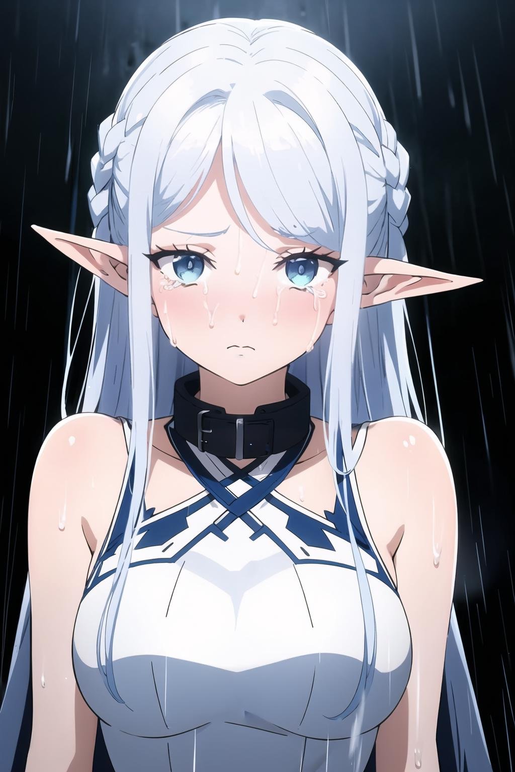 1girl, solo, long hair, bangs, blue eyes, braid, white hair, pointy ears, elf, upper body, white dress, metal collar, dark atmosphere, rain, fog, pale skin, crying, outdoors, tears, sad, <lora:Platinum_Anime_Hentai_CG_Helper_R3.1:0.8>