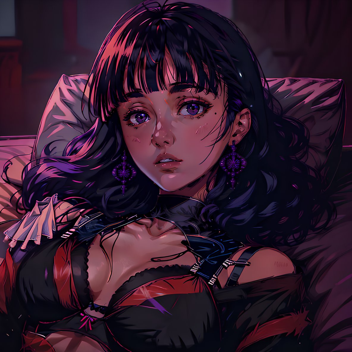 (high quality), vprwve_wnchlora, 1girl, solo, bangs, black hair, upper body, lying, parted lips, blunt bangs, on back, bra,  (depth of field), <lora:vaporwave_lora-08:1.3>