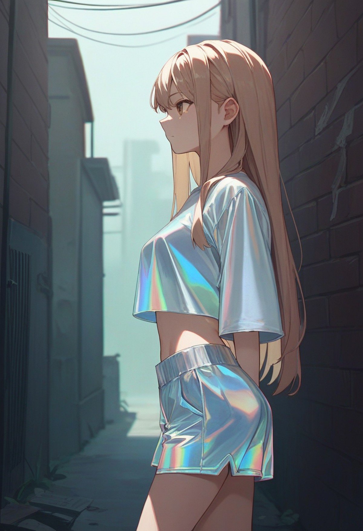 score_9, score_8_up, score_7_up, score_6_up, source_anime, <lora:holographic_v0.2-pony:1>1girl, long hair, brown eyes, holographic shorts, holographic top,alley, from side,