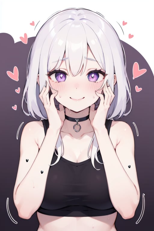 1girl,heart-shaped pupils,fingernails,hands on own face,white hair,purple eyes,(blush:1.1),choker,upper body,trembling,sweat,sweatdrop,heart,(speed lines:1.1),medium breasts, ((heavy breathing:1.3)), love, heart, crop top, happy, smile