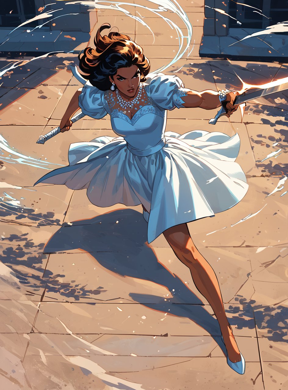 score_9, score_8_up, score_7_up, <lora:classcompxl:1>, classcompxl, 1girl, elegant dress,  comic, action pose, holding swords, from above, action pose, flowing dress, in motion