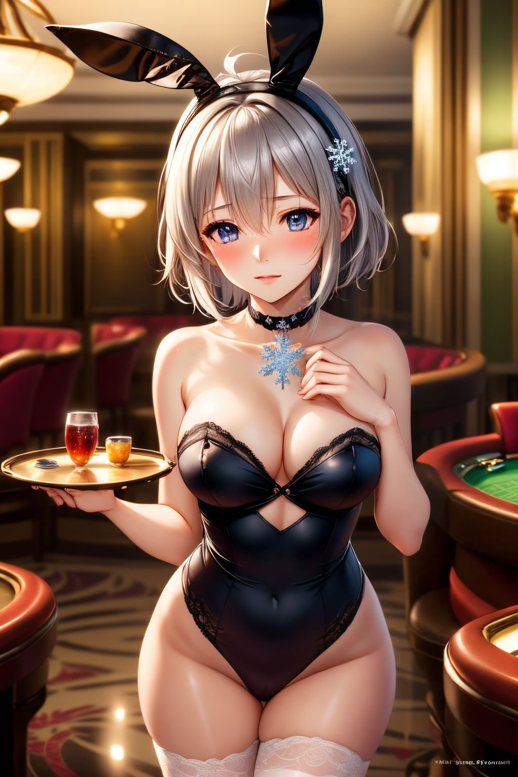 masterpiece,best quality,highres,ultra-detailed, short hair,bangs,hair between eyes,black hairband,snowflake hair ornament,black choker, sora ginko, playboy bunny, casino, holding tray, embarrassed, blush, standing, OverallDetail