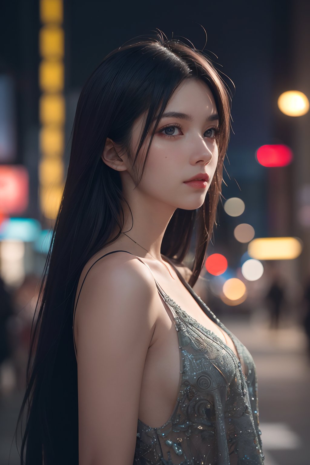 (extremely intricate:1.3), (realistic), photo of a girl in a bustling metropolis, weaving through crowded streets and dark alleyways, close up, Detailed clothes,  flowing hair, determined expression, shiny glossy skin, subsurface scattering, (sharp:0.7), amazing fine detail, Nikon D850 film stock photograph Kodak Portra 400 camera f1.6 lens, rich colors, lifelike texture, dramatic lighting, urban environment, skyscrapers, neon signs,  dynamic composition, unreal engine, trending on ArtStation, cinestill 800 tungsten, volumetrics dtx, (film grain, blurry background, blurry foreground, bokeh, depth of field, motion blur:1.3),<lora:GoodHands-beta2:1>