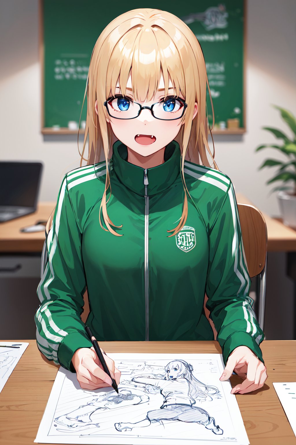 masterpiece, best quality, highres, aaeriri, long hair, fang, track jacket, green jacket, long sleeves, track pants, green pants, <lora:sawamura_spencer_eriri_v1:0.7>, sitting, chair, desk, holding pencil, room, indoors, upper body, drawing, sketch, glasses, character print,