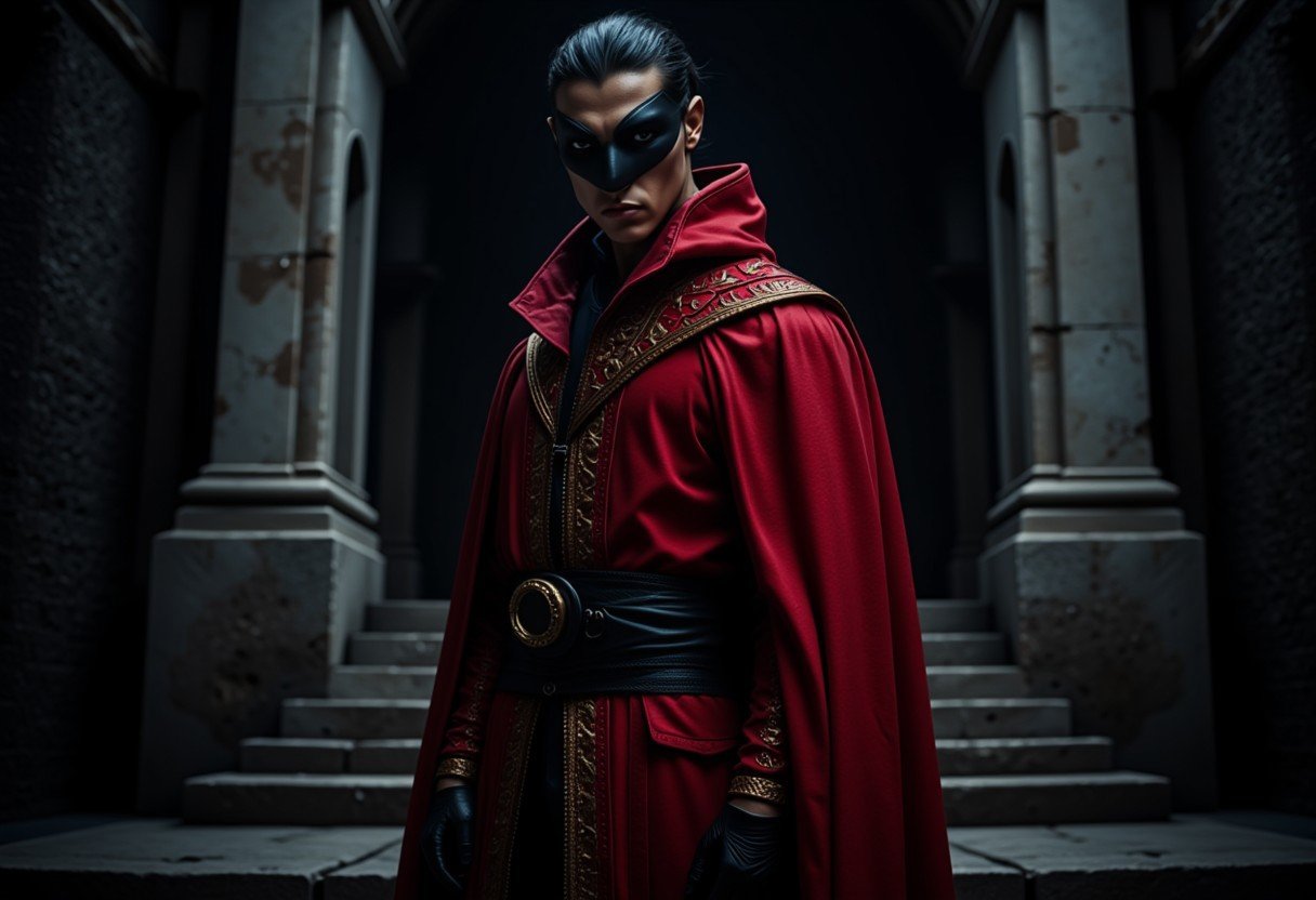 A hyper-realistic, 8K cinematic scene of man standing on a stone step, wearing intricate red 'Zorro' attire with luxurious textures and gold embroidery. His sleek black eye mask adds an air of mystery to his intense expression. The scene is dimly lit, with soft, directional Rembrandt lighting casting a triangle of light beneath one eye, creating dramatic shadows across his face. His detailed attire catches subtle highlights, while the background—a towering high stone arch—recedes into shadow. The negative space around him enhances the mood, drawing focus to his figure and the intricate textures of his outfit. The interplay of light and shadow creates a powerful, cinematic effect, blending darkness with just enough light to reveal stunning details.