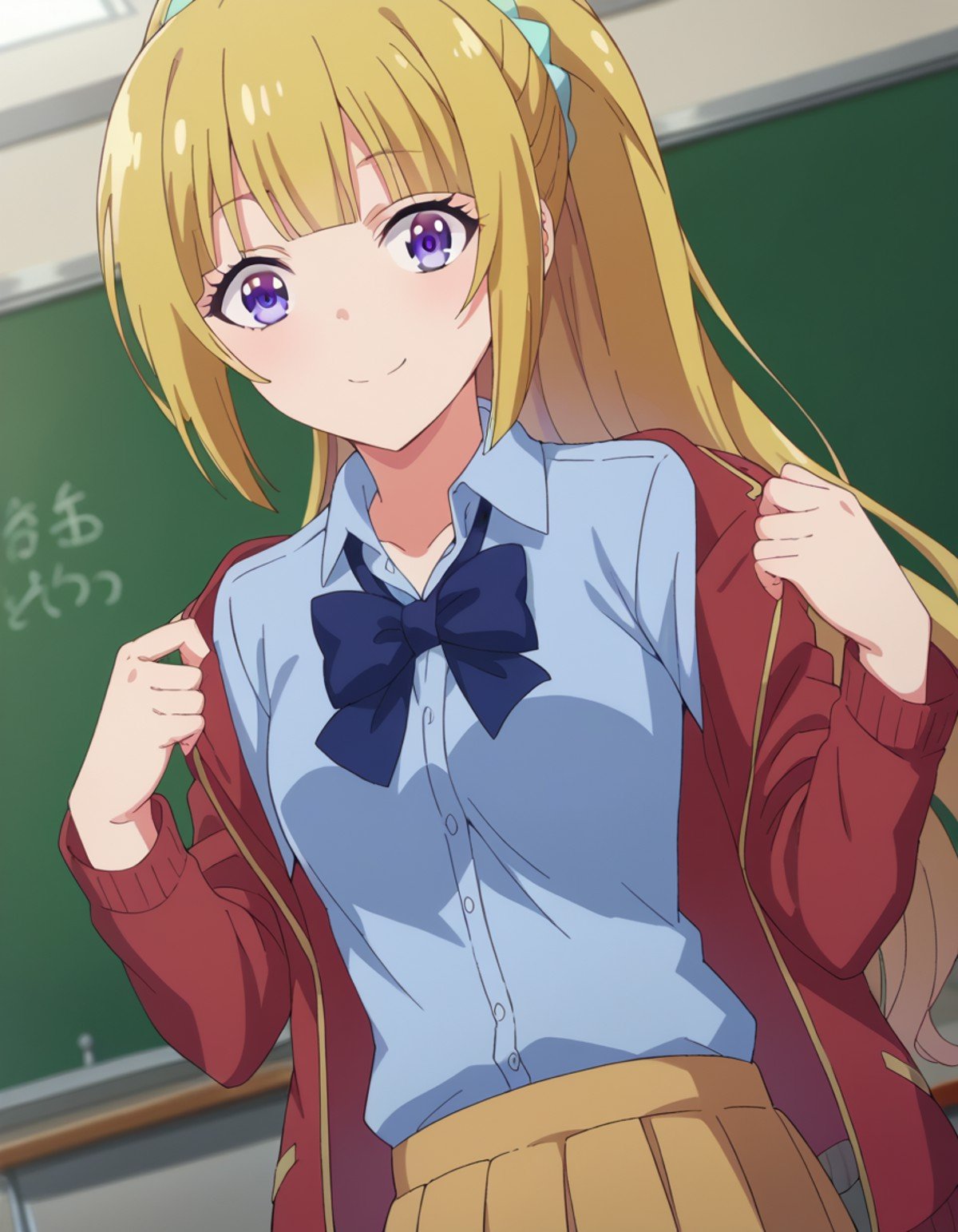 score_9, score_8_up, score_7_up, source_anime, keikaruizawa, <lora:kei-karuizawa-anime-s2-ponyxl-lora-nochekaiser:1>, kei karuizawa, long hair, bangs, blunt bangs, purple eyes, blonde hair, shirt, hair ornament, ponytail, scrunchie, blue scrunchie, smile, skirt, shirt, bow, school uniform, jacket, red jacket, pleated skirt, bowtie, sweater, blue bow, blue shirt, indoors, classroom, looking at viewer, cowboy shot, dutch angle,