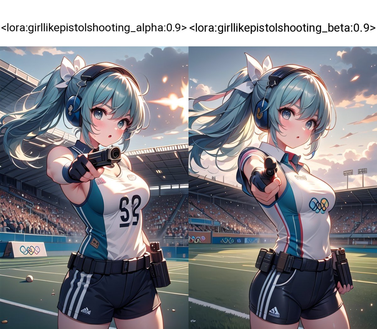 (((masterpiece))), (((best quality))), ((pistol shooting)), (holding air handgun), outstretched arm, muzzle flash, aiming at target, aiming at viewer, firing, player uniform, sleeveless, sports shorts, ear defenders, fingerless gloves, open-air range, olympic games venue, sky, wind, steam, sweat, shadow, 1girl, ribbon, aqua hair, wavy hair, floating hair, big tits, standing,  <lora:girllikepistolshooting_alpha:0.9>